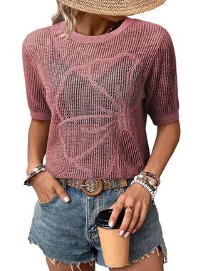Women Red Summer Short Hollow Out Floral Sweaters Beach Vacation Cruise Tops